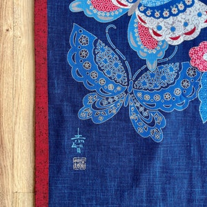 Japanese textile art wallhanging, indigo wall art, Asian artwork, Butterfly Print, Noren panel, Oriental Design image 3