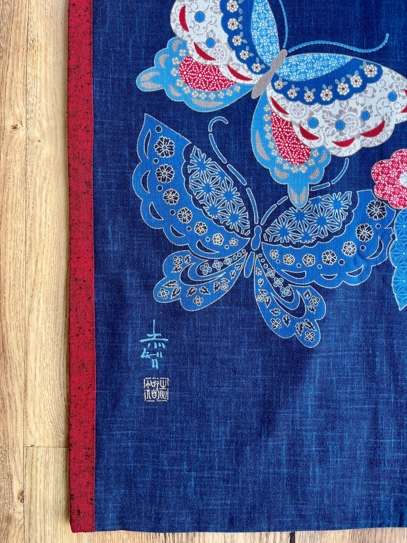 Japanese textile art wallhanging, indigo wall art, Asian artwork, Butterfly Print, Noren panel, Oriental Design image 3