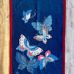 Japanese textile art wallhanging, indigo wall art, Asian artwork, Butterfly Print, Noren panel, Oriental Design image 2