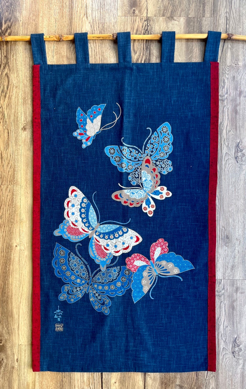 Japanese textile art wallhanging, indigo wall art, Asian artwork, Butterfly Print, Noren panel, Oriental Design image 2