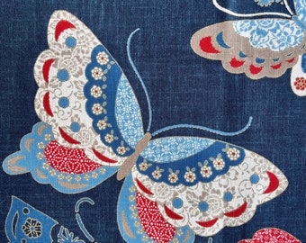 Japanese textile art wallhanging, indigo wall art, Asian artwork, Butterfly Print, Noren panel, Oriental Design