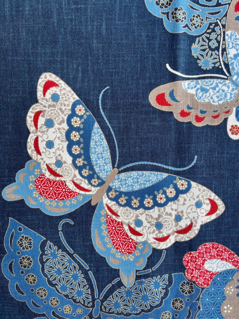 Japanese textile art wallhanging, indigo wall art, Asian artwork, Butterfly Print, Noren panel, Oriental Design image 1