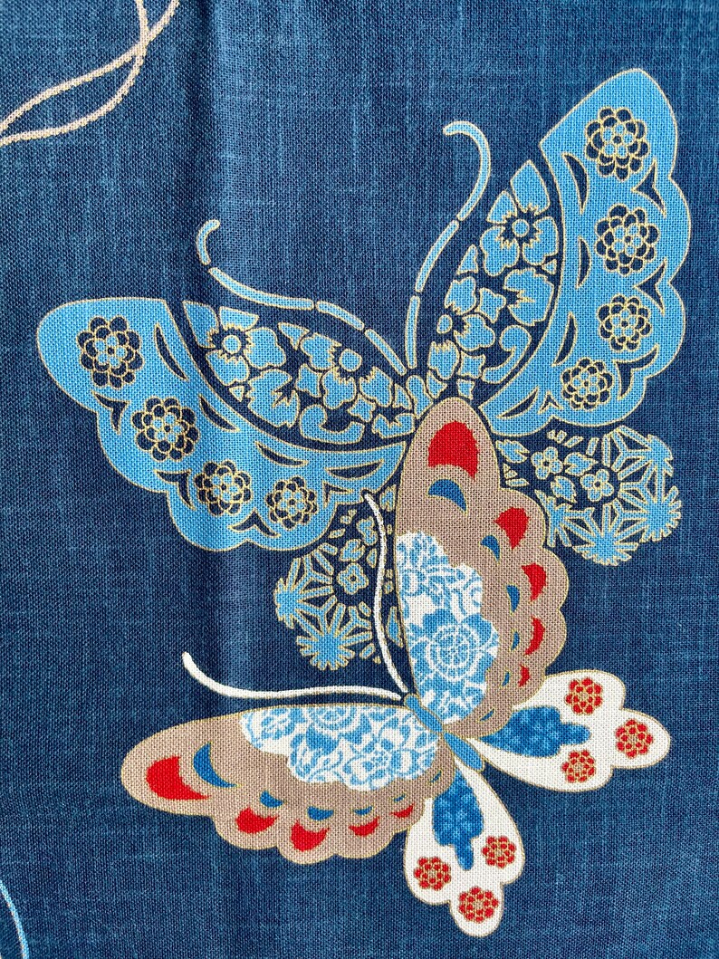 Japanese textile art wallhanging, indigo wall art, Asian artwork, Butterfly Print, Noren panel, Oriental Design image 8