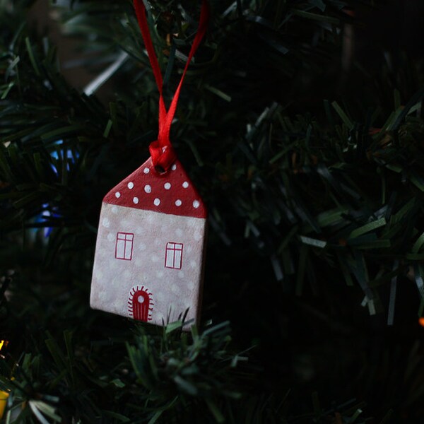 Christmas Tree Ornament - Beige little clay house with red roof and white polka dots