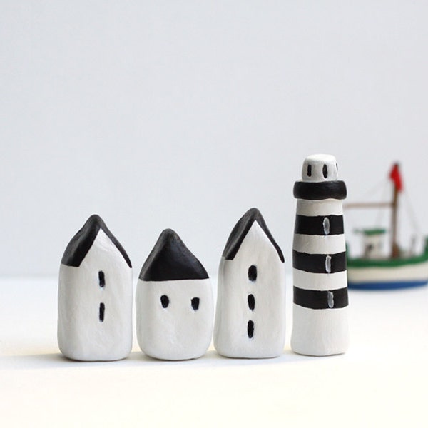 Little Village with Three Houses and a Striped Lighthouse - Black and White