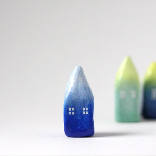 Little Home No 197 - Ombré little clay house - Cobalt blue and light blue
