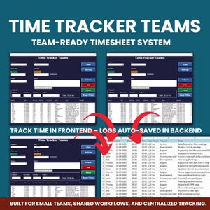 Könnte beinhalten: Screenshot einer Zeiterfassungssystem-Oberfläche mit dem Text "TIME TRACKER TEAMS" und "TEAM-READY TIMESHEET SYSTEM". Die Oberfläche zeigt Dateneingabefelder und eine detaillierte Zeiterfassung mit Mitarbeiter- und Projektinformationen. Für kleine Teams.