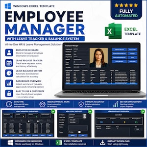 May include: A Windows Excel template for an employee manager with a leave tracker and balance system. The interface displays an employee database, leave request tracker, dashboard overview, and leave balance system on a laptop screen.