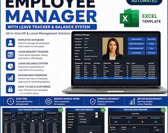 Employee Management System Excel Template | Leave Tracker & Vacation Balance | HR Employee Database | Windows Only
