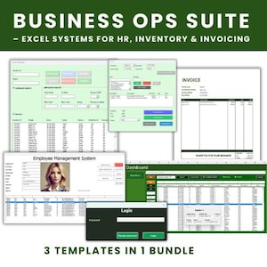 Puede incluir: Imagen promocional de un paquete de software empresarial. La imagen presenta varias plantillas de hojas de cálculo de Excel, incluyendo una factura, un sistema de gestión de empleados y un panel de control. El texto dice "BUSINESS OPS SUITE" y "3 TEMPLATES IN 1 BUNDLE".