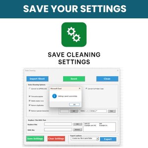 May include: Screenshot of a data cleaning interface with the text "SAVE YOUR SETTINGS" and "SAVE CLEANING SETTINGS". The interface includes buttons for importing, resetting, and cleaning data, along with options for data conversion and replacement.