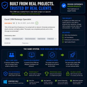 May include: A digital infographic showcasing an Excel CRM system. It features a 5-star Upwork review for an Excel CRM Redesign Specialist, project details, and a workflow diagram. The layout highlights features like client management, task tracking, and Windows compatibility.