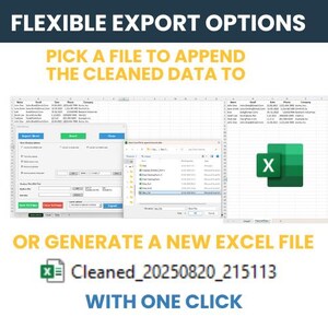 May include: Image showing options for exporting data. Text reads "Flexible Export Options" and "Pick a file to append the cleaned data to." There are three windows showing data and file options. The image also shows an Excel file icon and the text "Or generate a new Excel file with one click."
