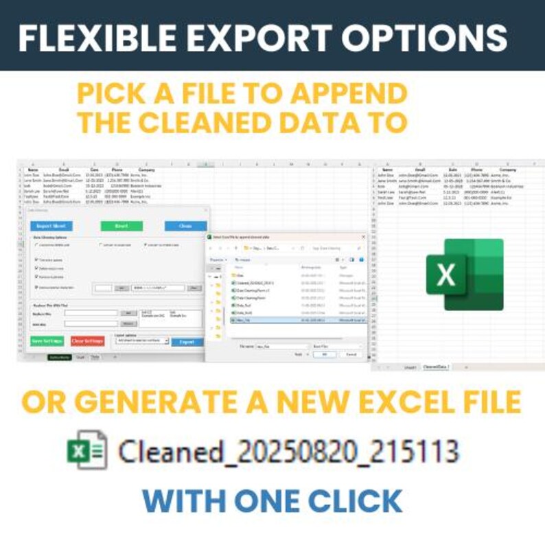 May include: Image showing options for exporting data. Text reads "Flexible Export Options" and "Pick a file to append the cleaned data to." There are three windows showing data and file options. The image also shows an Excel file icon and the text "Or generate a new Excel file with one click."