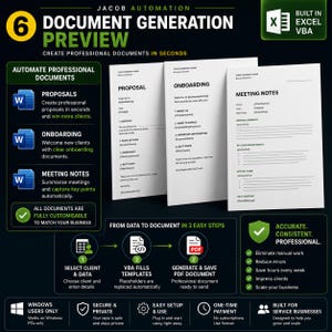 May include: A digital marketing graphic for Jacob Automation document generation software. It displays three document templates for proposals, onboarding, and meeting notes, alongside a three-step process flow and feature list for Excel VBA.