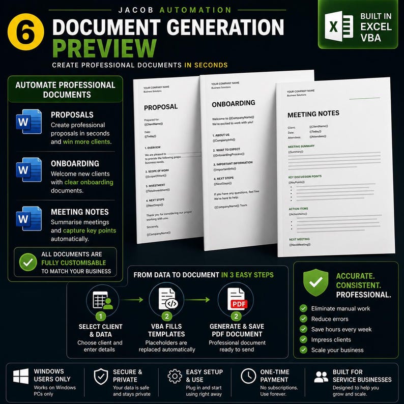 May include: A digital marketing graphic for Jacob Automation document generation software. It displays three document templates for proposals, onboarding, and meeting notes, alongside a three-step process flow and feature list for Excel VBA.