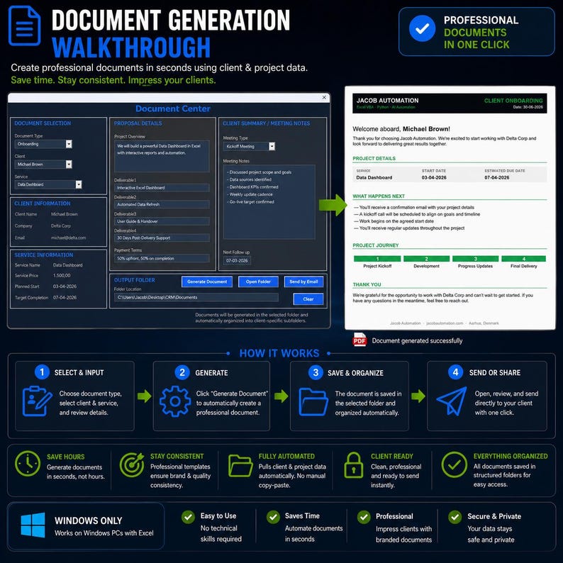 May include: A digital infographic titled Document Generation Walkthrough displaying a software interface for creating professional documents. It features a document center dashboard, a generated client onboarding document, and a four-step process flow.