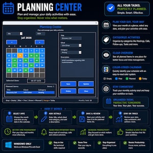 May include: A digital planning software interface titled Planning Center, featuring a dark blue theme with a monthly calendar for July 2026. The layout includes input fields for titles, clients, and categories, alongside a list of planned items, color-coded status indicators, and instructional steps for task management on Windows PCs.