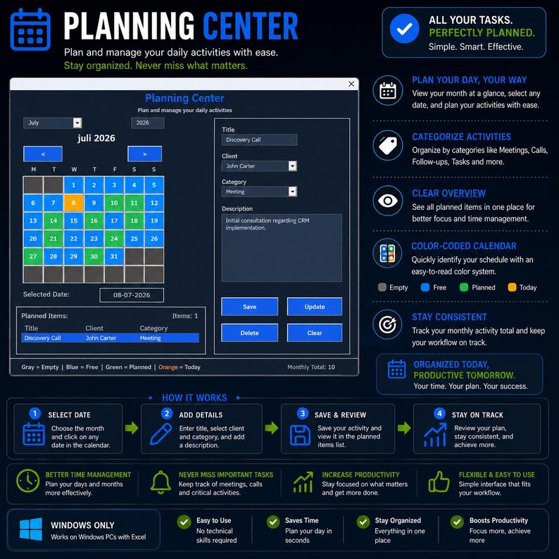 May include: A digital planning software interface titled Planning Center, featuring a dark blue theme with a monthly calendar for July 2026. The layout includes input fields for titles, clients, and categories, alongside a list of planned items, color-coded status indicators, and instructional steps for task management on Windows PCs.