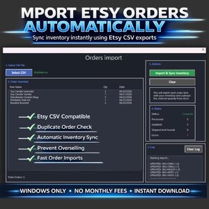 May include: A dark blue software interface with the text "MPORT ETSY ORDERS AUTOMATICALLY" and "Sync inventory instantly using Etsy CSV exports." Features include order import, inventory sync, and CSV compatibility. The interface also displays order details and status updates.
