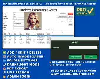 Employee Management System Excel Template - HR Tracker with Photo Upload & PDF Export