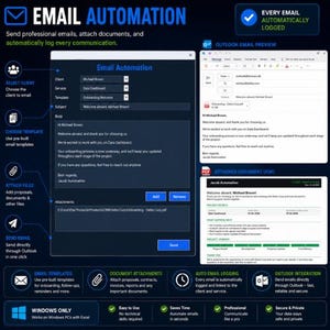 May include: A dark-themed software interface for email automation, featuring a central dashboard for selecting clients, templates, and attaching files. It displays an Outlook email preview, a PDF document attachment, and icons for Windows compatibility.