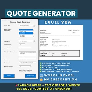 Op de afbeelding: Een digitale afbeelding die een "Quote Generator" voor Excel VBA promoot. De afbeelding toont een formulier met velden voor servicetype, projectomvang en klantgegevens, naast een voorbeeldofferte. Tekst bevat "Genereer offertes in seconden" en een kortingsaanbieding.