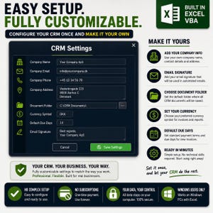 May include: A digital CRM settings interface for Excel VBA featuring fields for company name, email, phone, address, document folder, currency, and due days. The layout includes green icons, a save button, and text explaining setup and features.
