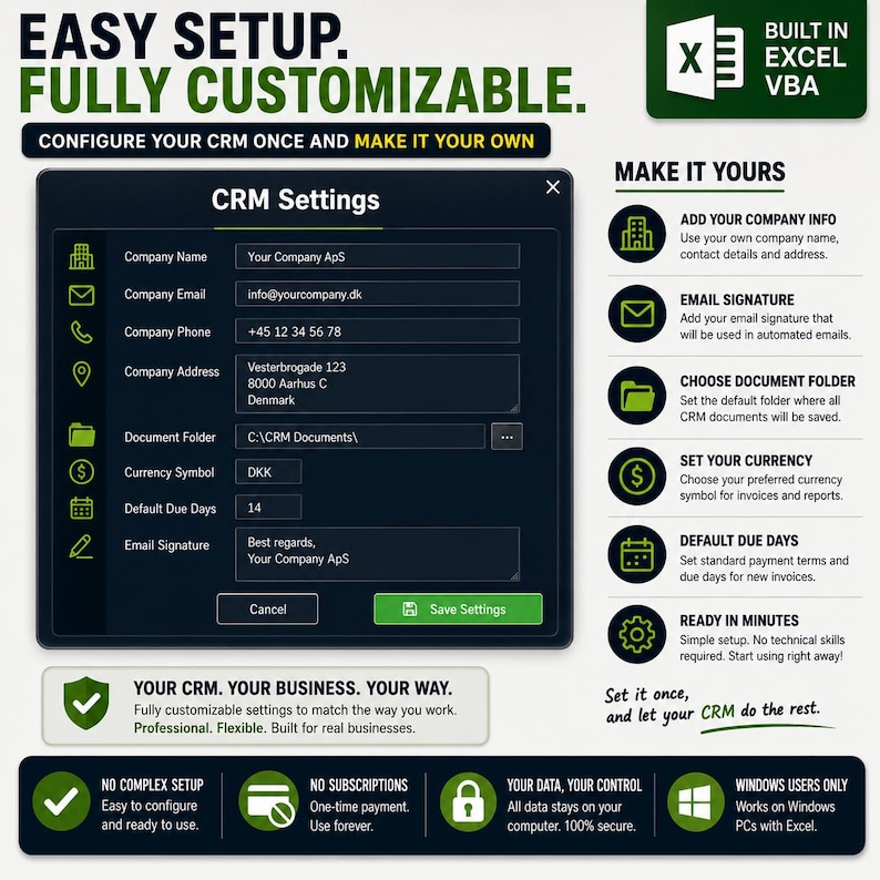 May include: A digital CRM settings interface for Excel VBA featuring fields for company name, email, phone, address, document folder, currency, and due days. The layout includes green icons, a save button, and text explaining setup and features.