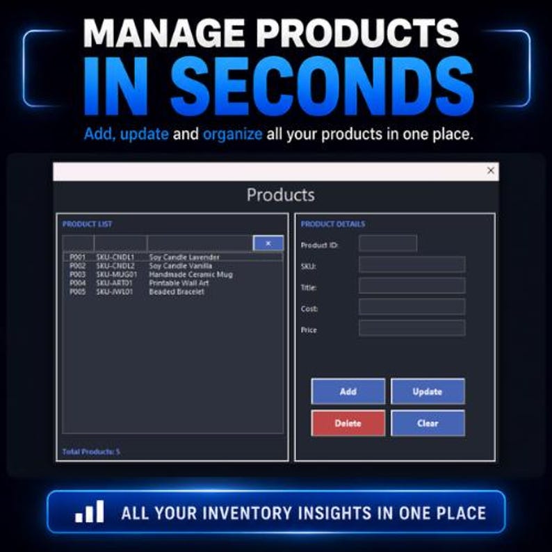 May include: A dark blue screen displays product management software. The text reads "MANAGE PRODUCTS IN SECONDS" and "Add, update and organize all your products in one place." The interface includes product details and a product list.
