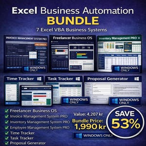 以下が含まれることがあります： Excelビジネスオートメーションバンドルの広告。画像には、Invoice Management、Freelancer Business OS、Inventory Managementなど、7つのExcel VBAビジネスシステムが表示されています。バンドルは、元の価格から53％オフで宣伝されています。
