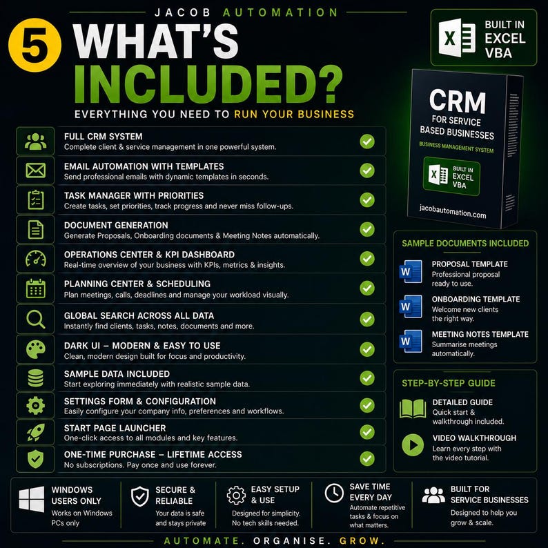 May include: A black and green infographic titled 5 WHAT'S INCLUDED? detailing a CRM system built in Excel VBA for service businesses. It lists features like email automation, task management, document generation, and a dashboard with green checkmarks.