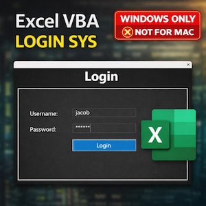 May include: A computer screen displays an Excel VBA login system interface. The interface includes fields for username and password, with the username "jacob" entered. A red sign indicates "Windows Only, Not for Mac."