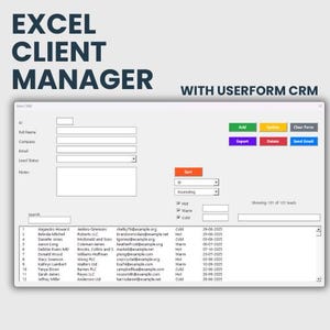 Peut inclure: Une interface numérique pour un gestionnaire de clients Excel, avec des champs pour les données client et une fonction de tri. L'interface comprend des boutons pour ajouter, mettre à jour et supprimer des enregistrements, avec le texte "EXCEL CLIENT MANAGER WITH USERFORM CRM".