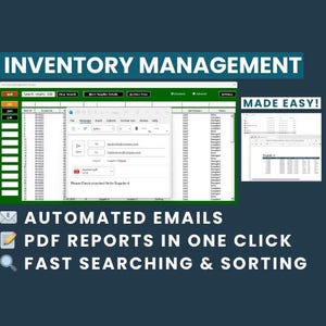 May include: A screenshot of a computer screen displaying an inventory management software program. The software includes features such as automated emails, PDF reports, and fast searching and sorting. The text "MADE EASY!" is shown in the top right corner of the screen.