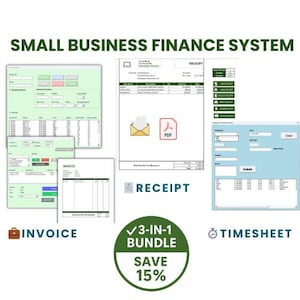 Op de afbeelding: Afbeelding van een financieel systeem voor kleine bedrijven met de tekst "SMALL BUSINESS FINANCE SYSTEM". De afbeelding toont een 3-in-1 bundel met factuur-, bon- en urenstaat sjablonen. De bundel is gelabeld "3-IN-1 BUNDLE SAVE 15%."