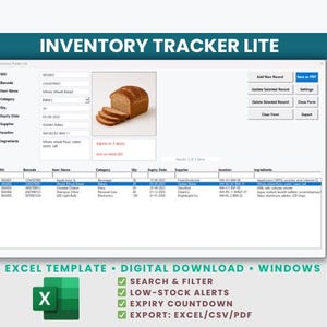 Op de afbeelding: Een digitale inventarisatietracker-sjabloon met de tekst "Inventory Tracker Lite". De interface toont productdetails zoals artikelnaam, categorie, hoeveelheid en vervaldatum. Functies zijn onder meer zoeken, filteren, voorraadwaarschuwingen en exportopties.