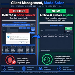 May include: A comparison graphic titled Client Management, Made Safer. The left side shows a Client CRM System interface with a delete warning and the text Deleted = Gone Forever. The right side shows an Archived Clients interface with a restore button.