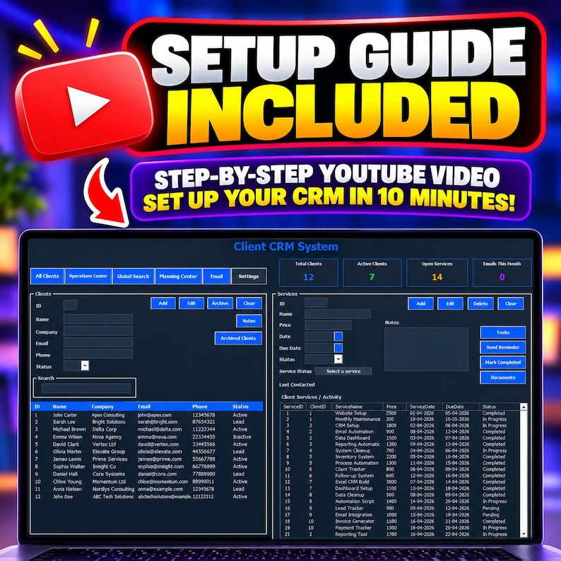 May include: A laptop screen displaying a Client CRM System interface with dark blue backgrounds and light blue buttons. Above the screen, text reads SETUP GUIDE INCLUDED and STEP-BY-STEP YOUTUBE VIDEO SET UP YOUR CRM IN 10 MINUTES! with a red YouTube icon.
