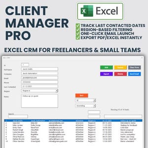 Peut inclure: Interface Excel CRM pour freelances et petites équipes. L'image présente une feuille de calcul avec des informations de contact, notamment des noms, des e-mails et des numéros de téléphone. Fonctions : suivi des dates, filtrage par région et lancement d'e-mails en un clic.