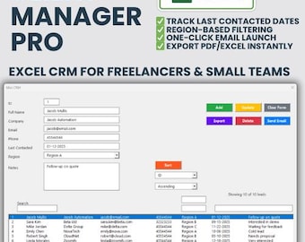 Client Manager Pro – Excel CRM Template for Freelancers | Contact & Follow-Up Tracker | Region, Notes, Email, Export