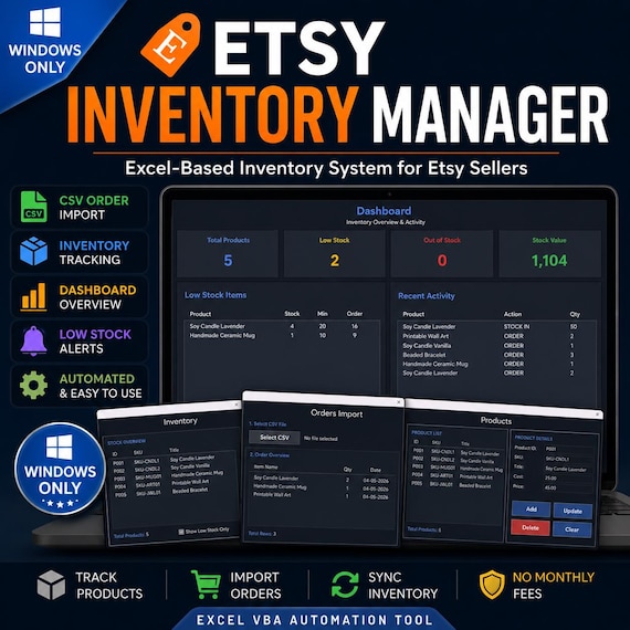 Etsy Inventory Management System for Excel | Product, Order & Stock Tracking Tool