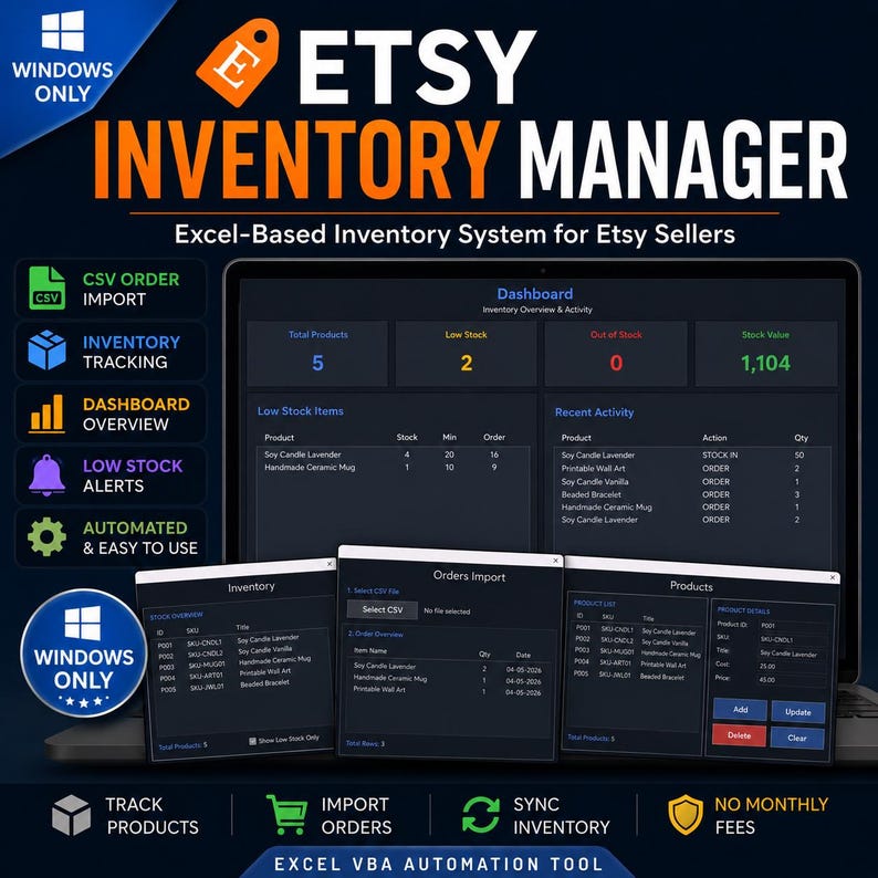 May include: A laptop screen displays an Etsy inventory management system. The interface shows inventory tracking, dashboard overview, and low stock alerts. The text reads "ETSY INVENTORY MANAGER" and "Excel-Based Inventory System for Etsy Sellers."