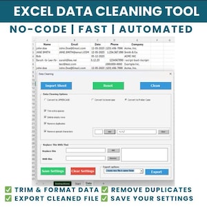 以下が含まれることがあります： Excelデータクリーニングツールのインターフェースのスクリーンショット。インターフェースには、データのインポート、リセット、クリーニングのオプションが含まれています。画面上のテキストには、「Trim & Format Data」、「Remove Duplicates」、「Export Cleaned File」が含まれています。