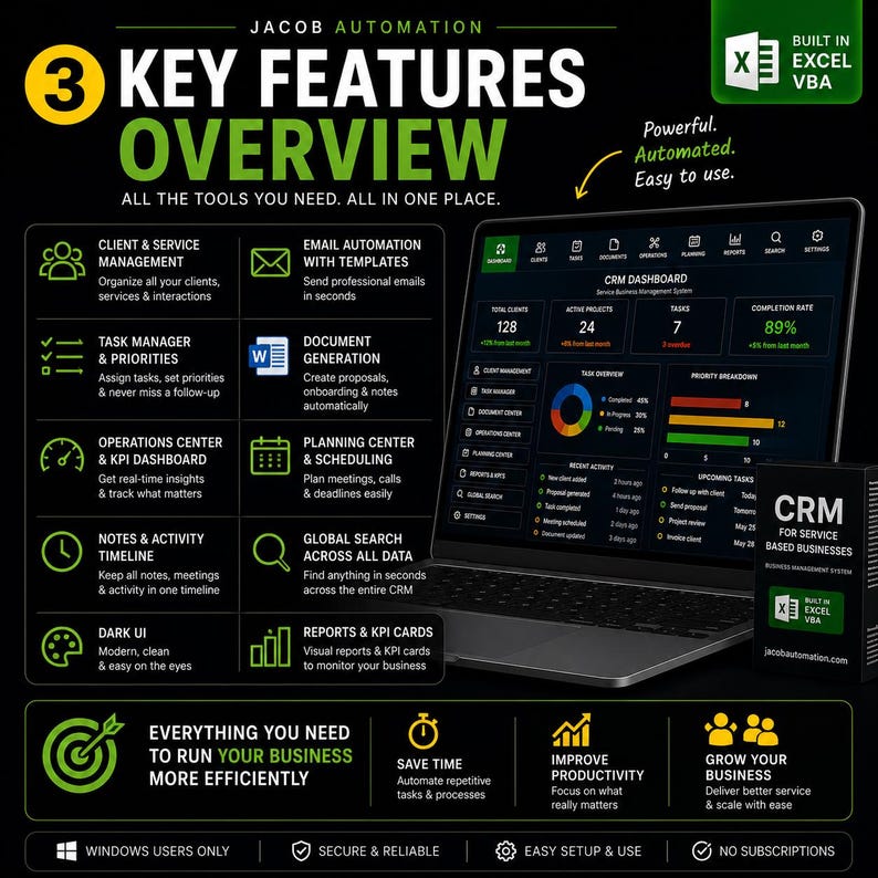 May include: A digital marketing graphic for Jacob Automation CRM software, featuring a laptop displaying a dashboard with charts and data. The text highlights features like client management, email automation, and task tracking, built in Excel VBA.