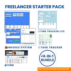 Pode incluir: Imagem promocional de um Pacote Inicial para Freelancers. Apresenta capturas de tela de software para faturamento, controle de tempo, gerenciamento de tarefas e CRM. O texto "FREELANCER STARTER PACK" e "4-IN-1 BUNDLE" está presente.