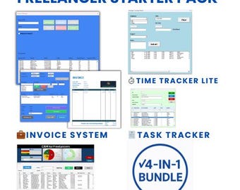 Paquete de inicio para freelancers / Paquete de herramientas de Excel 4 en 1 (sistema de facturación, CRM, seguimiento de tareas, hoja de horas Lite)
