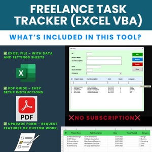 May include: A teal graphic with the text "FREELANCE TASK TRACKER (EXCEL VBA)" and "WHAT'S INCLUDED IN THIS TOOL?". Includes an Excel file icon, a PDF guide icon, and an upgrade form icon. A spreadsheet is also shown.