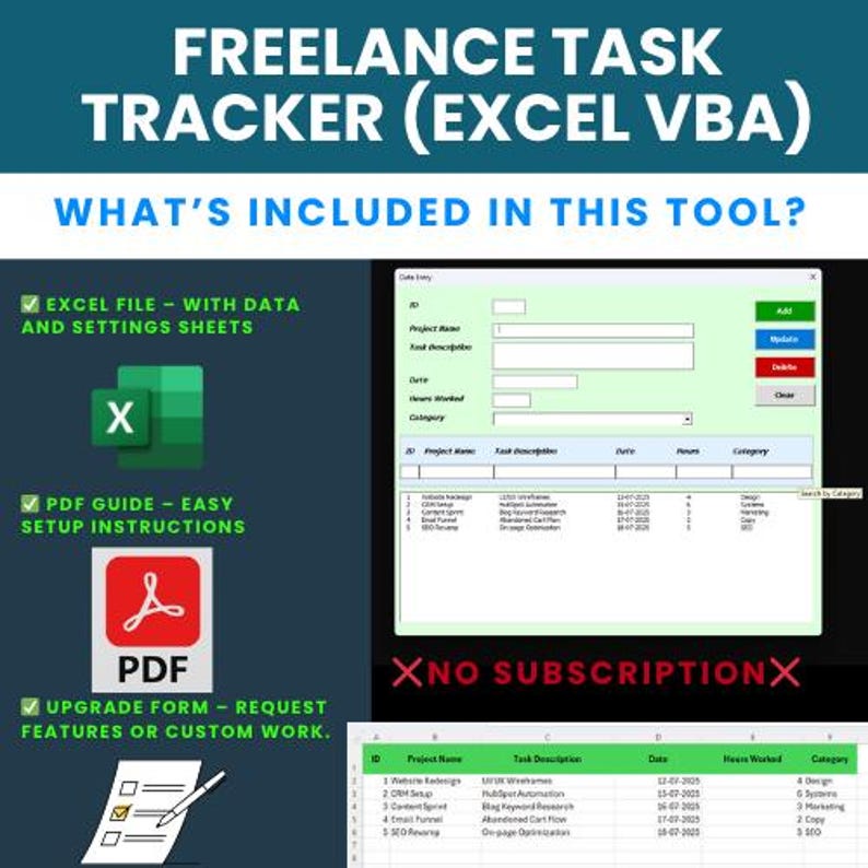 May include: A teal graphic with the text "FREELANCE TASK TRACKER (EXCEL VBA)" and "WHAT'S INCLUDED IN THIS TOOL?". Includes an Excel file icon, a PDF guide icon, and an upgrade form icon. A spreadsheet is also shown.