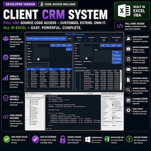 May include: A digital Client CRM System interface built in Excel VBA, featuring a dark-themed dashboard with client and service management tables, alongside a code editor window displaying VBA source code for project customisation and automation.